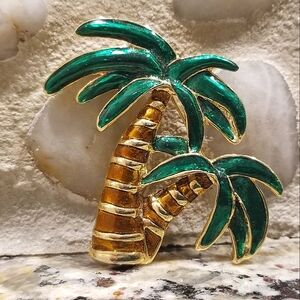 80's Double Palm Tree Brooch Gold Green Brown Pin Deadstock
